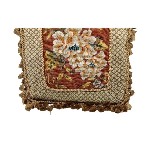 Vintage Floral Needlepoint Tapestry Throw Pillow With Tassel Trim Beige & Rust - Picture 3 of 10